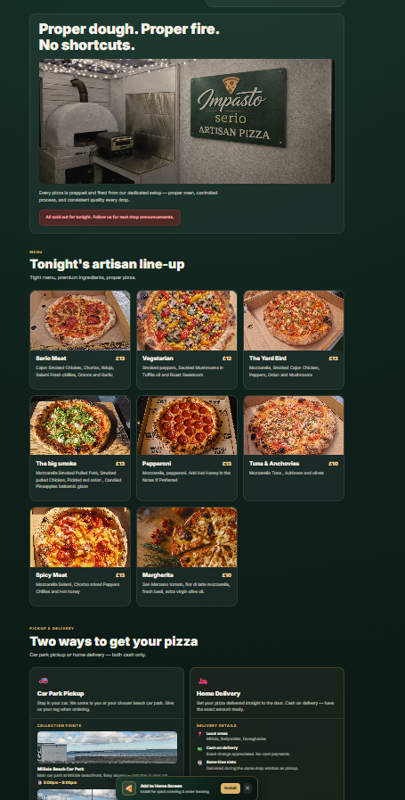 Impasto Serio ordering app showing the pizza menu, collection and delivery choices