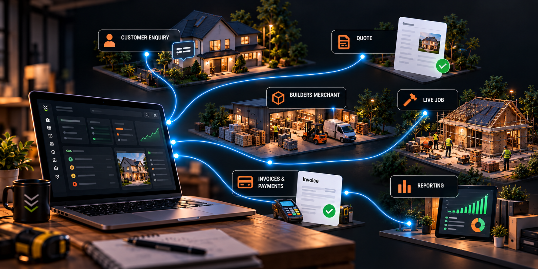 Illustrated ZTACK business workflow linking customer actions with the systems behind the business
